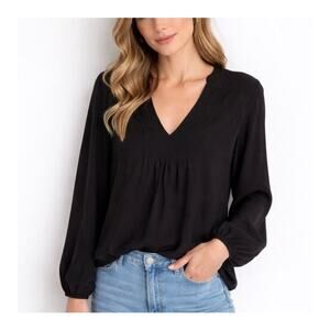 Trina Turk XL Silk Blouse Long Sleeve V-Neck Minimalist Solid Black